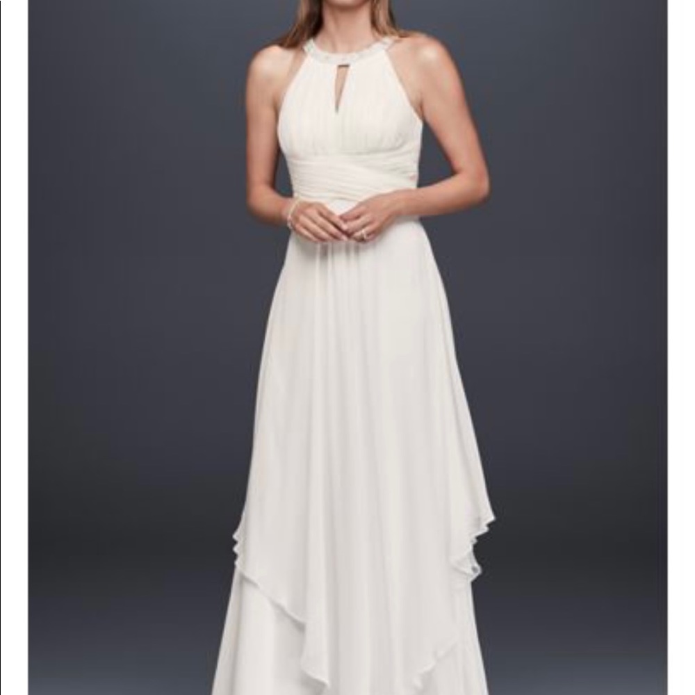 Brand new. David’s Bridal Long Chiffon Wedding Dress with Keyhole Detail